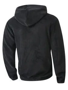 Detailed back view of a black fuzzy fleece hooded jacket showing plush material texture