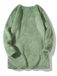 Detail back view of a soft sage green plush long sleeve sweatshirt with loose fit