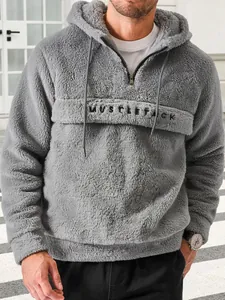 Stylish men's grey fuzzy fleece quarter-zip hooded sweatshirt with chest embroidery