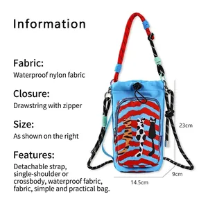 Detailed dimensions of the blue cartoon cat phone bag with waterproof nylon fabric