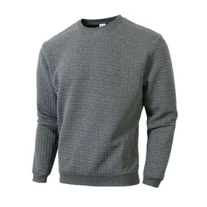 Men's grey quilted round neck sweatshirt with grid pattern and slim fit design