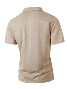 Back view of a beige men's short sleeve Polo shirt with 3D cable knit jacquard texture
