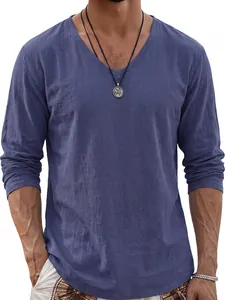 Close-up of men's casual blue linen V-neck long-sleeve top with breathable fabric