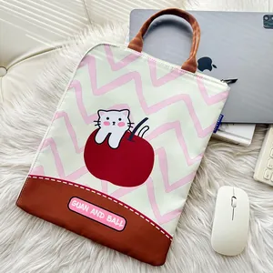 Cute cartoon cat graffiti printed canvas tote bag on white faux fur desk background