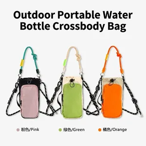 Detailed view of three colorful outdoor water bottle and phone crossbody bags