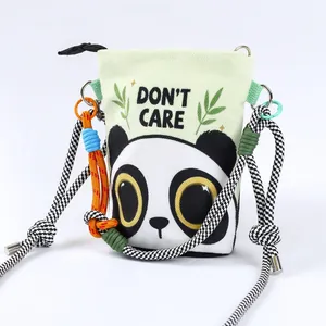 Casual crossbody bucket bag with cartoon panda print and checkered rope strap