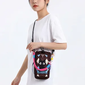 Cute cartoon black cat phone pouch with colorful dopamine-style braided strap
