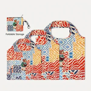 Close-up of the vibrant painted foldable shopping bag with an adorable bear motif