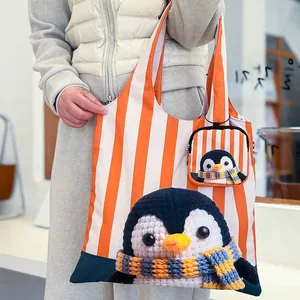Sac à Bandoulière pour Femmes Motif Animal de Dessin Animé à Rayures Sac Cabas en Toile Pliable Grande Capacité Ensemble
