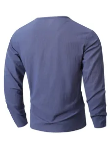 Back view of a men's casual linen long-sleeved shirt in slate blue with textured fabric