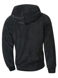 Back view of a warm black fuzzy hooded sweatshirt for men, cozy loungewear detail