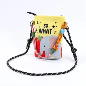 Cute cartoon elephant canvas crossbody bucket bag with SO WHAT print and rope strap