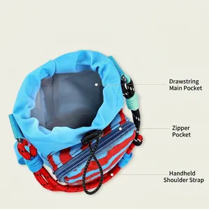 Detailed view of outdoor drawstring shoulder bag with zipper pocket and rope strap