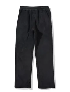 Overall view of black fleece lounge pants with elastic waist for winter comfort