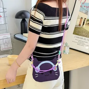 Korean style mini purple cartoon cat crossbody phone bag with vibrant dopamine color straps