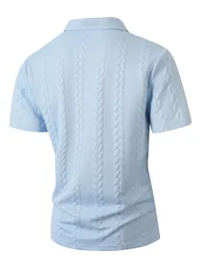 Detailed back view of light blue cable knit polo shirt for men with jacquard texture