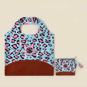 Detailed view of foldable leopard cat print shopping bag with pouch