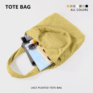 Large capacity yellow pleated lace canvas tote bag for daily commuting and school