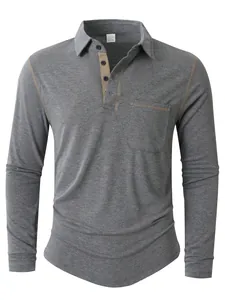 Polo à manches longues gris pour homme avec poche poitrine et patte de boutonnage contrastée