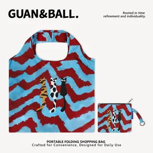 Red and blue wavy pattern foldable shopping bag set with cute cartoon cat prints