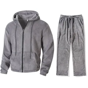 Two-piece mens grey fleece hooded tracksuit set with zip-up jacket and drawstring pants