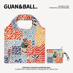 Large capacity colorful painted foldable shopping bag with cute bear illustration detail