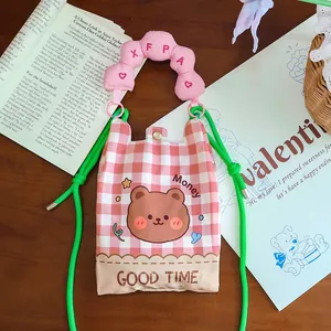 Kawaii bear phone bag with red gingham pattern and green crossbody rope
