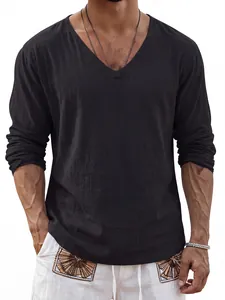 Detail view of men's black V-neck long sleeve linen top with breathable and loose fabric texture.
