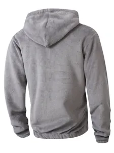 Back view of a grey plush fleece hoodie showing soft texture and elasticated hem