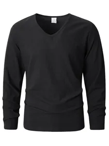 Detailed front view of men's casual V-neck black linen long-sleeved shirt with soft texture