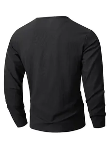 Back view of a breathable black linen long-sleeve casual top for men in relaxed fit.