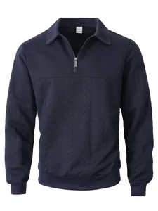 Elegantes marineblaues Herren-Langarm-Poloshirt mit Halbreißverschluss und Zopfmuster.
