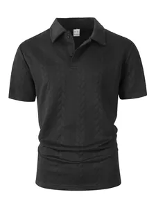 Men's black textured jacquard short-sleeved polo shirt with buttoned lapel collar