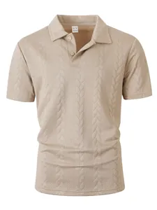 Men's casual short-sleeve polo shirt with beige jacquard texture and button lapel