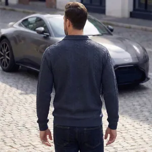 Rückansicht eines marineblauen Herren-Langarm-Poloshirts mit schickem Zopfstrickmuster