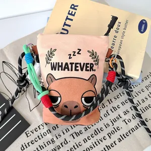 Stylish cartoon capybara print canvas crossbody bucket bag with vibrant colorful rope straps