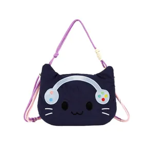 Mini cute cat-shaped crossbody phone bag with headphone embroidery and purple rope strap