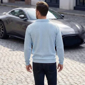 Rückansicht eines hellblauen Herren-Polopullovers mit Zopfmuster und feiner Textur