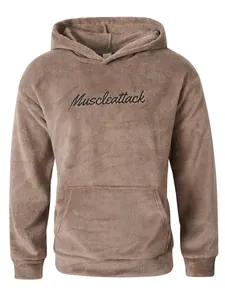 Close-up of brown fleece hoodie with black Muscleattack embroidery details.