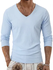 Close-up detail of a men's breathable light blue linen V-neck long sleeve casual summer top