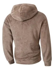 Detailed back view of a soft and warm fuzzy hoodie for men in taupe plush material fabric