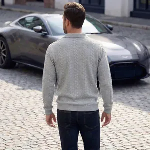 Herren Poloshirt in Grau mit Zopfstrickmuster, klassische Rückansicht in Langarm