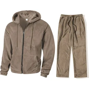 Solid color plush fleece hoodie and pants two-piece tracksuit set for winter