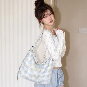 Borsa a Tracolla in Tela a Quadri Floreale in Contrasto Coreano per Donna Piccola Fresca Hobo Tote Bag con Tracolla Arricciata