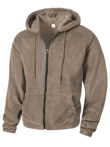 Men's brown plush fleece hooded zip-up jacket with drawstring and pockets