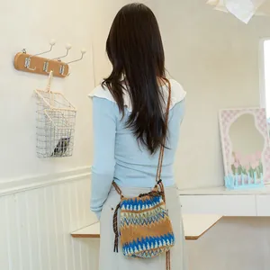 Modelo luciendo un bolso bandolera de felpa azul y marrón con patrones geométricos