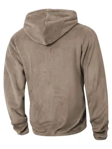 Rear view detail of a solid brown plush fleece hooded sweatshirt with soft texture
