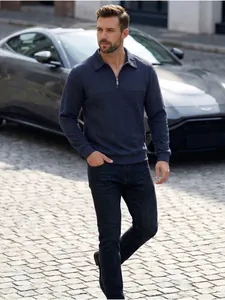 Herren Langarm Polohemd Polyester 1/4 Reißverschluss Texturiertes Patchwork Pullover Top Casual Business Stil Kleidung Für Herren