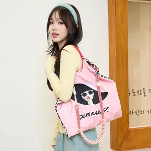 Sac Fourre-tout en Nylon Style Japonais Grande Capacité Portrait de Femme Brodé Sac à Bandoulière pour les Courses Femmes