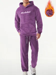 Close-up of warm purple fleece loungewear set for men with soft embroidery detail